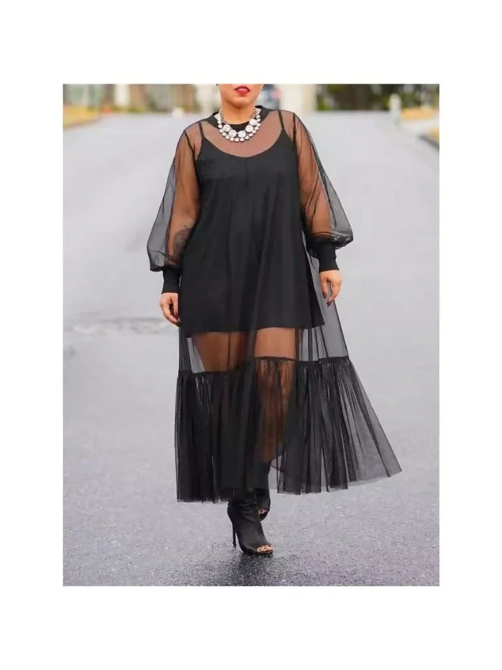 Scoop Neck Cami Dress and Sheer Mesh Dress Set - Picture 1 of 4